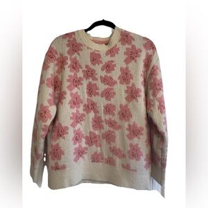FRNCH Pink Ivory Floral Print Women’s Pullover Crew Neck Knit Sweater S/M